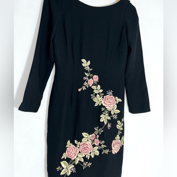 Maggie London Dress Midi Sheath Black Floral Embroidery sz 6 Petite - Picture 3 of 12